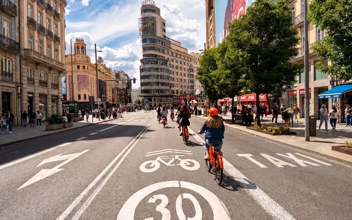 Cyclists riding down a marked bike lane on a wide city street, a 30 speed limit painted on the road