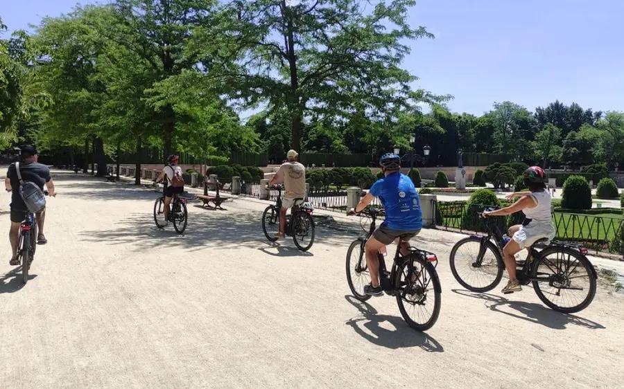 A rider on a wide park path lined with trees, other cyclists further ahead
